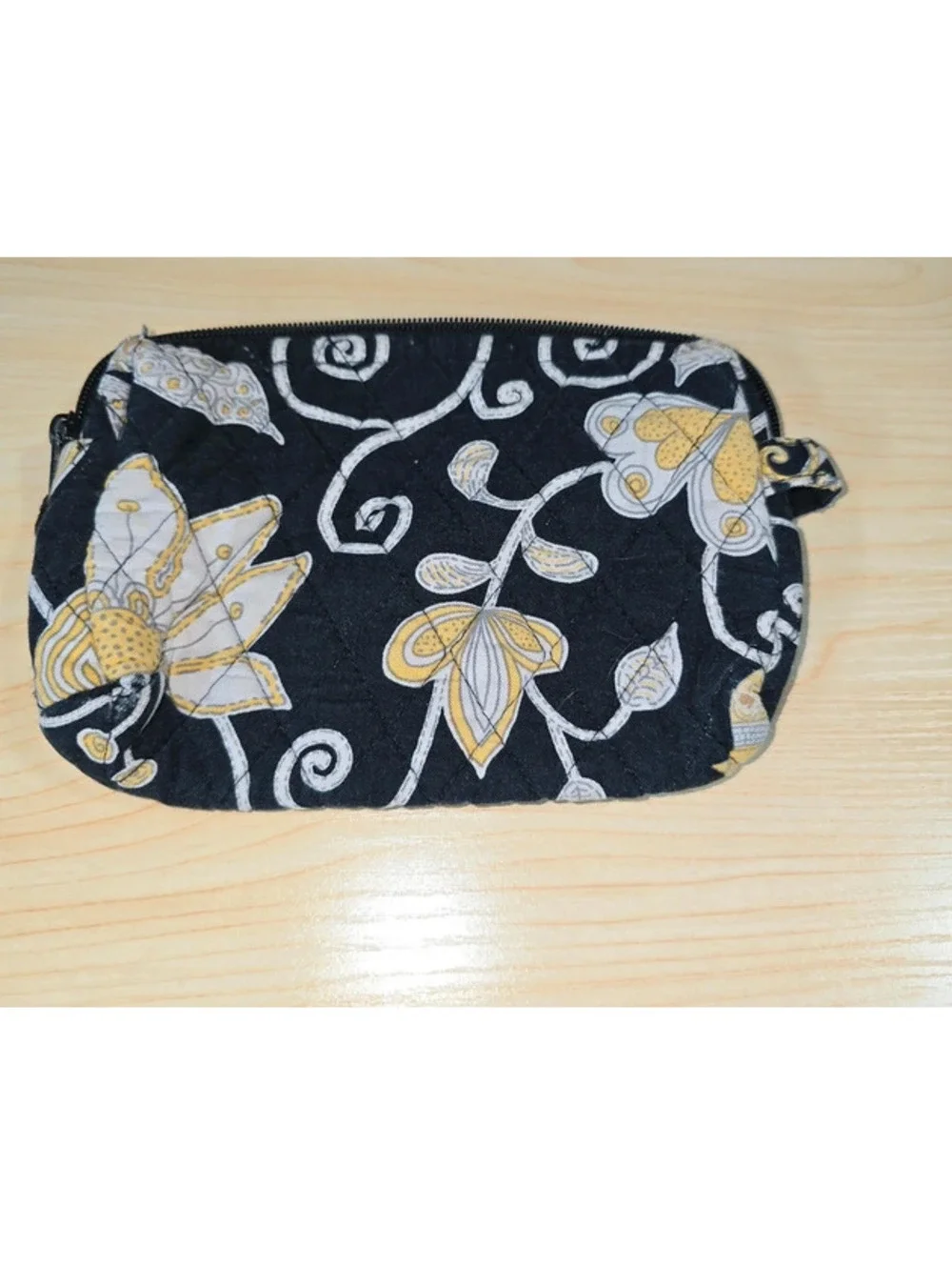 Vera Bradley Black Yellow Floral Quilted Wristlet Cosmetic Pouch
